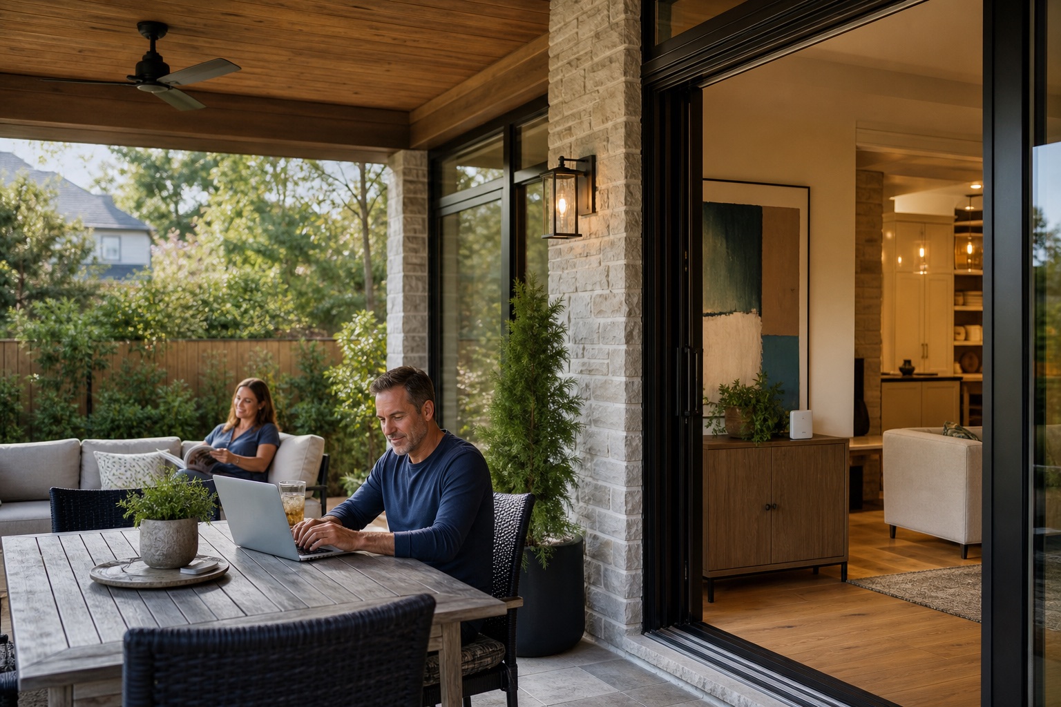 Homeowners using reliable Wi-Fi while relaxing and working on a covered back patio
